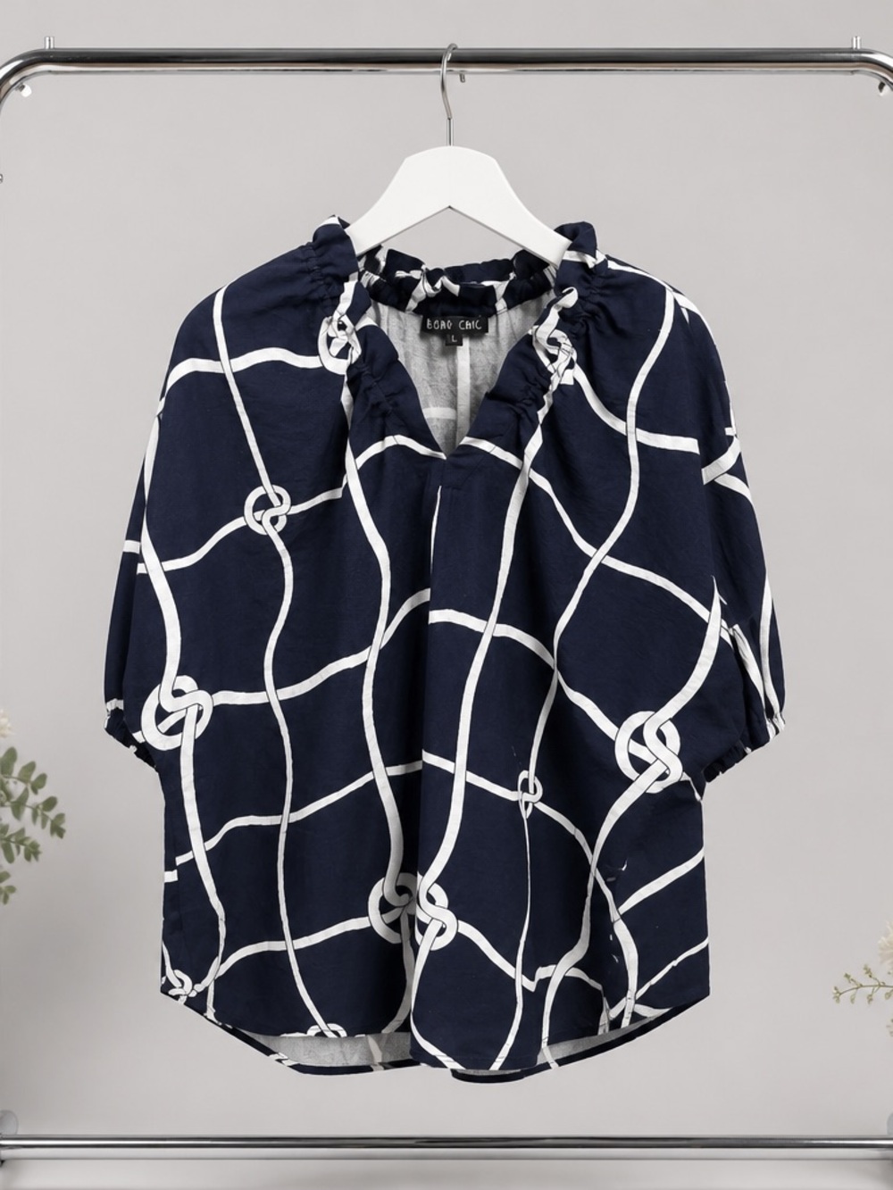 Navy & White Knot-Grid Ruffled-Neck Blouse